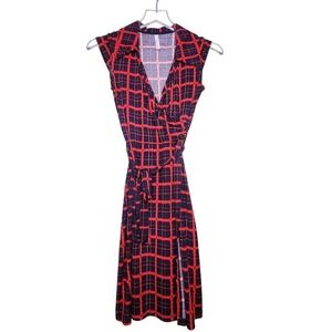 Gilli Faux Wrap Dress Cap Sleeve V-Neck Blue Red Slit XS